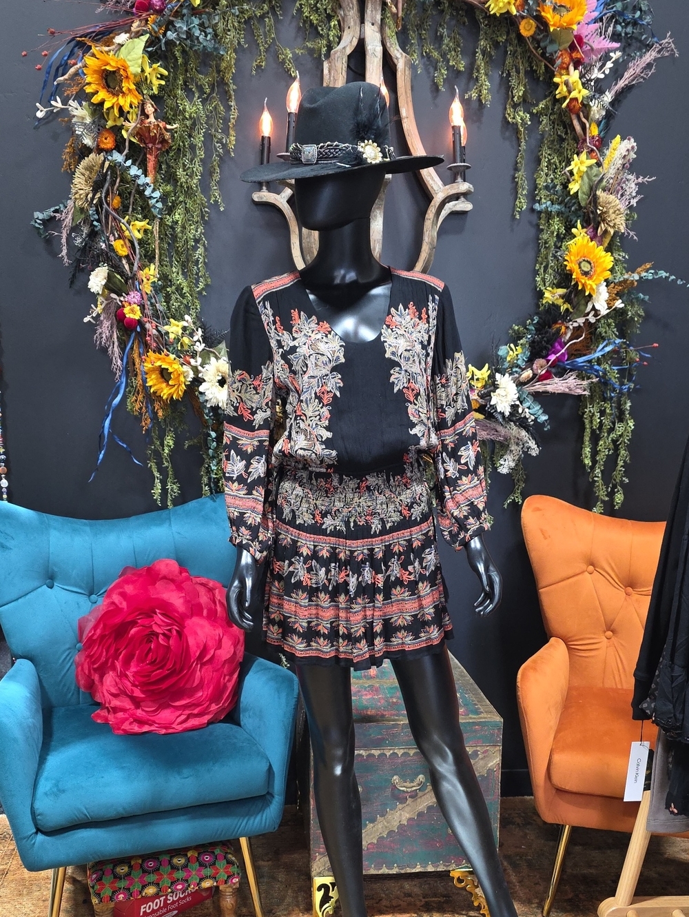 Free People Black Floral Pattern Mini Dress